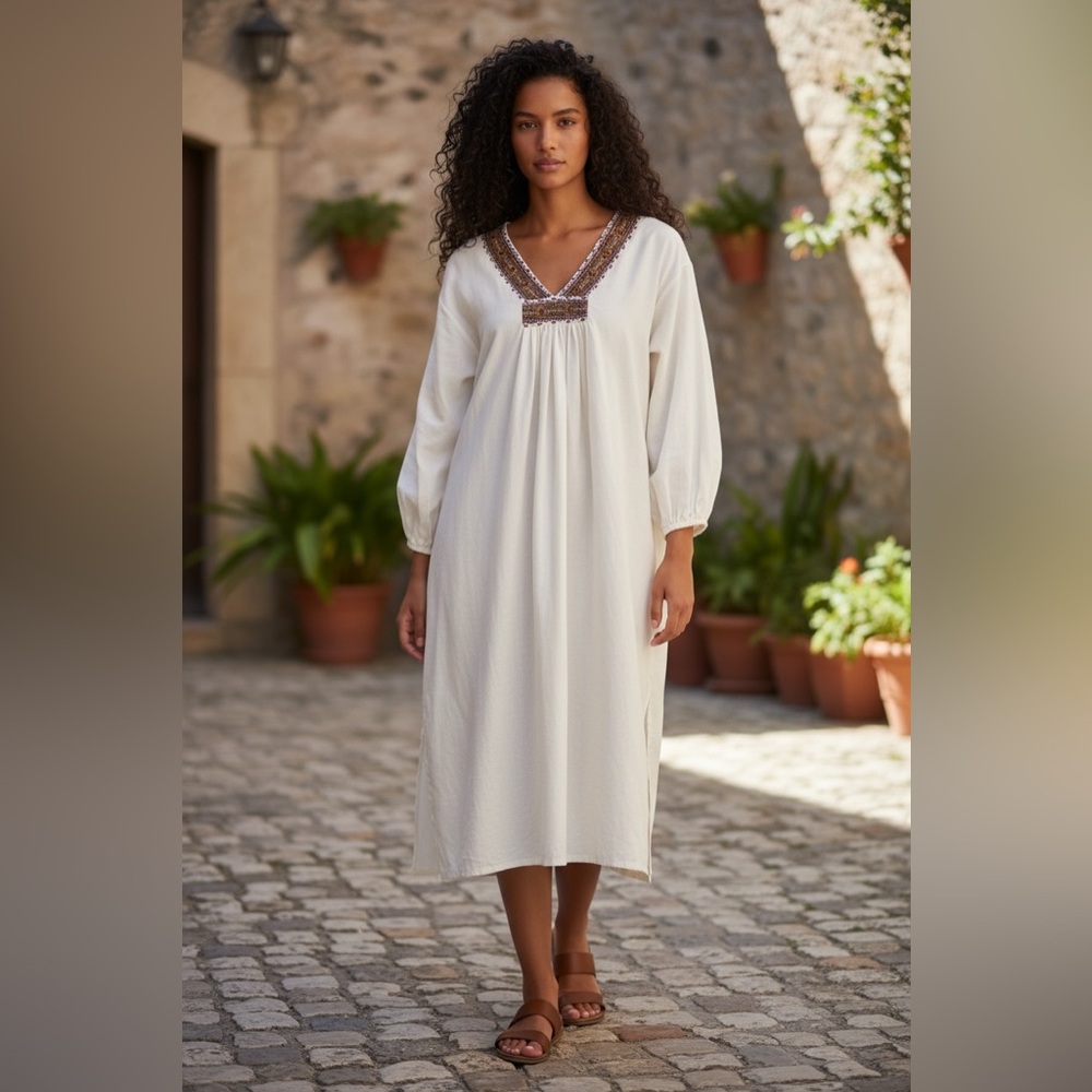 World Market Cream Embroidered Boho Midi Dress L/XL Peasant Tunic Caftan